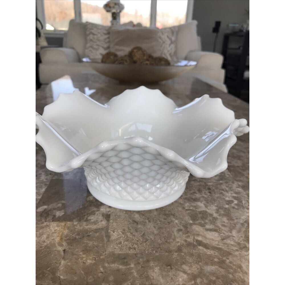 Vintage Westmoreland English Hobnail Milk Glass Oval Bowl, Diamond Point Pattern